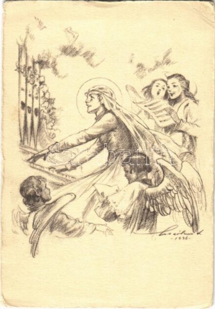 Szent Cecília. Márton Lajos freskó kartonja. A Budapesti Cecília-kórus kiadása / Saint Cecilia s: Márton L. (EK)