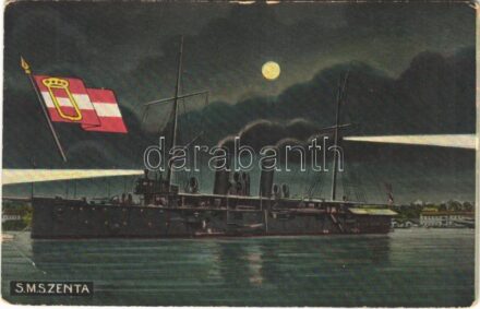 SMS Zenta osztrák-magyar Zenta-osztályú védett cirkáló este / K.u.K. Kriegsmarine / WWI Austro-Hungarian Navy SMS Zenta, Zenta-class armored cruiser at night, naval flag. G. Fano 1909. No. 47. (EB)