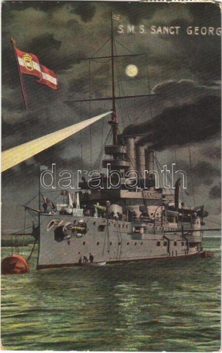 1911 SMS Sankt Georg osztrák-magyar páncélos cirkáló este / K.u.K. Kriegsmarine Panzerkreuzer / WWI Austro-Hungarian Navy, SMS Sankt Georg armored cruiser at night, naval flag. G. Fano, Pola 1910. No. 17. (EK)
