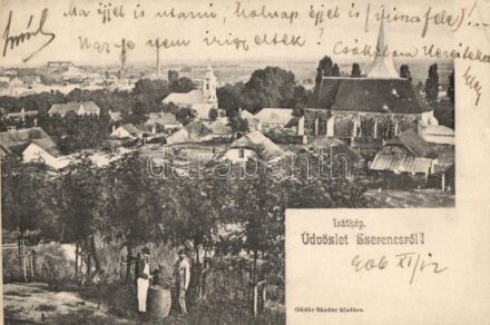 Szerencs, templom, boroshordó. Gödör Sándor kiadása