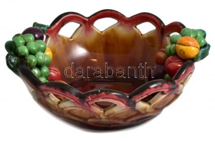Österr. Edelkeramik áttört, gyümölcsös kerámia tál, jelzett, kopással, kis lepattanásokkal, mázhibákkal, javításokkal. d: 26 cm, m: 10,5 cm