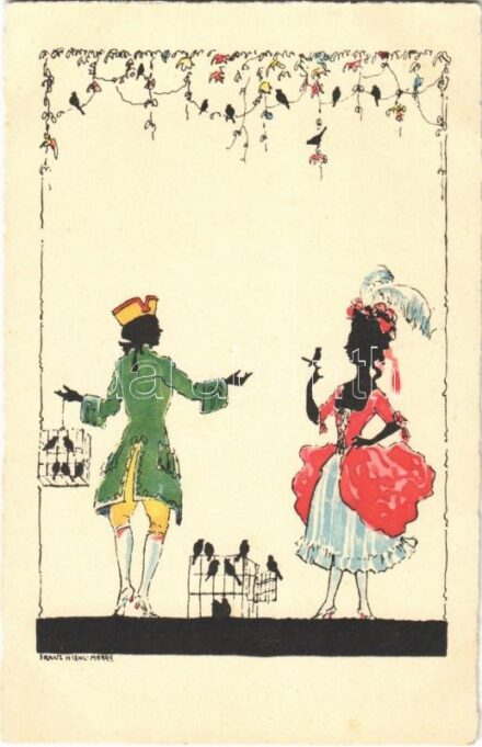 Silhouette art postcard with romantic couple. Meissner & Buch Kunstkarte Nr. 2991. s: Franz Hienl