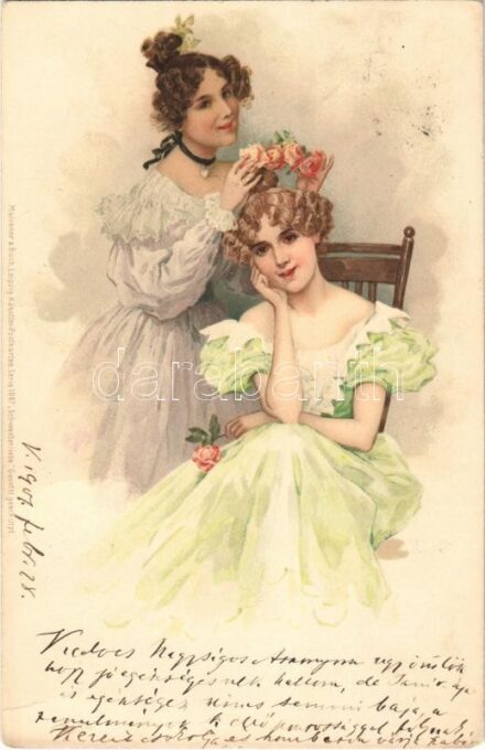 1901 Lady art postcard, sisters / Meissner & Buch Künstler-Postkarten Serie 1037. 'Schwesterliebe' litho (fa)