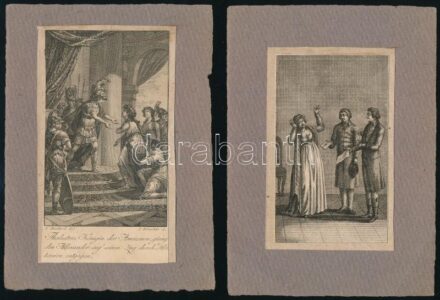 cca 1800 4 db régi metszet, papír, feltehetően illusztrációk Michel Eyquem de Montaigne Gedanken und Meinungen über allerley Gegenstände c. könyvéből. Részben foltos, körbevágva. 3 db papírra v. vékony kartonra kasírozva. 12,5x7 és