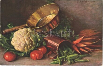 Still life art postcard with vegetables from the garden. Wohlgemuth & Lissner 'Vom Küchentisch' No. 848. s: Fritz Hildebrandt