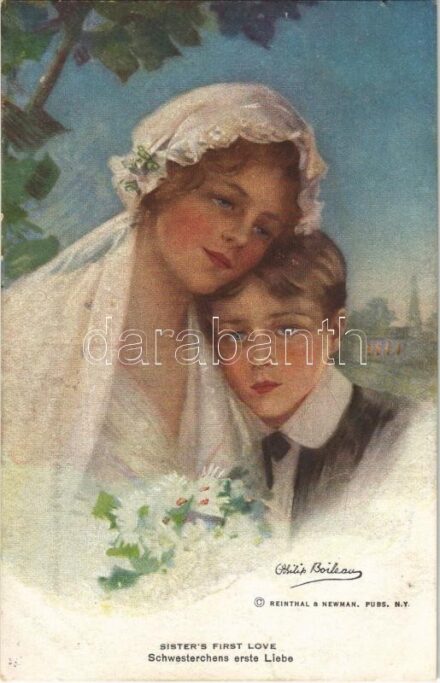 Schwesterchens erste Liebe / 'Sister's First Love' Lady art postcard. Reinthal & Newman No. 827. s: Philip Boileau