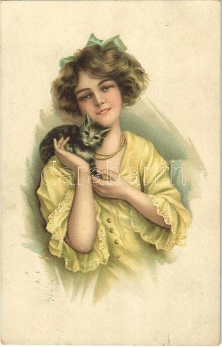 1918 Lady art postcard, cat. litho (kis szakadás / small tear)