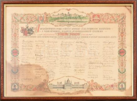 1939 A budapesti rendőr-főkapitány dr. Török János 15. szolgálati jubileumára készített festett emléklap Biczó András (1888-1957) festőművész jelzett akvarellje, a Királyi Vár és a Parlament látképével. Az emléklapon a
