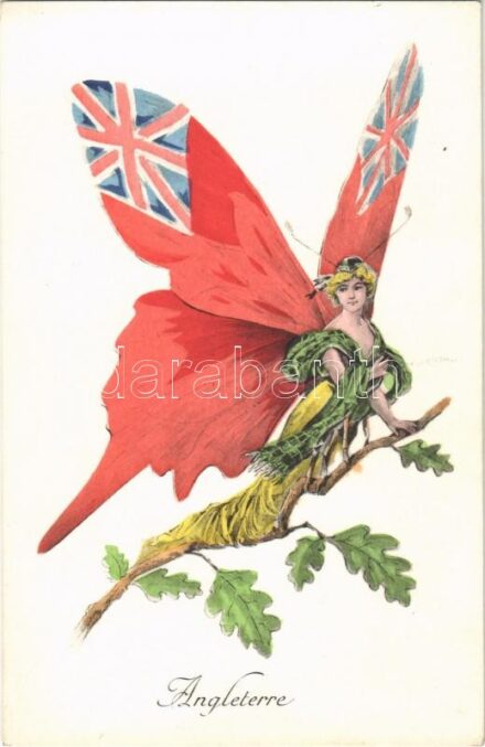 Angleterre. Editions 'Aux Alliés' Paris, Helio L. Géligné No. 21. / Allies of World War I (Entente Powers): England. Art Nouveau butterfly lady / Antanthatalmak az első világháborúban: Anglia. Szecessziós pillangó hölgy