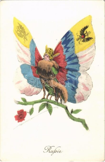 Russie. Editions 'Aux Alliés' Paris, Helio L. Géligné No. 25. / Allies of World War I (Entente Powers): Russia. Art Nouveau butterfly lady / Antanthatalmak az első világháborúban: Oroszország. Szecessziós pillangó hölgy