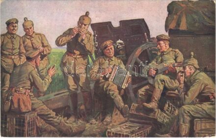 Die Künstler der Batterie. Herausgegen zum Besten von Schwestern des Verbandes deutscher Krankenpflege-Anstalten vom Roten Kreuz / WWI German military art postcard s: A. Roloff