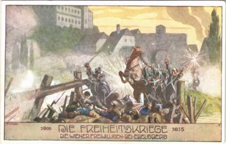 Die Freiheitskriege 1806-1815. Die Wiener Freiwilligen bei Ebelsberg / Austrian military art postcard, Battle of Ebelsberg (Napoleonic Wars). Ostmark, Bund deutscher Österreicher. Karte Nr. 64. s: E. Kutzer
