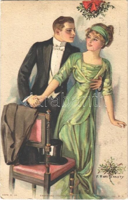 1915 'Embracing the opportunity' Lady art postcard, romantic couple. The Knapp Co. H. Import No. 319. s: T. Earl Christy (EK)