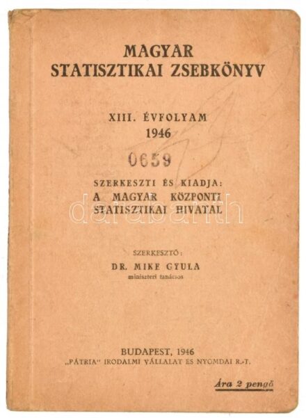 Dr. Mike Gyula (szerk.): Magyar statisztikai zsebkönyv. XIII. évfolyam. Bp., Pátria Irodalmi Vállalat és Nyomdai Rt., 1946. Enyhén gyűrött, szakadt, összefirkált papírkötésben.