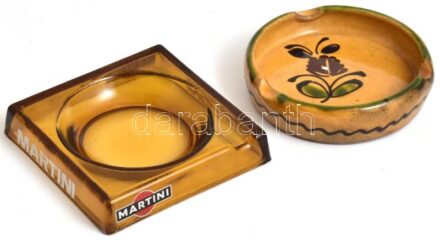 2 db hamutartó, az egyik kerámia, virágmintával, kézzel festett, mázas, jó állapotban, d: 11 cm + üveg, Martini felirattal, jó állapotban, 11x11 cm