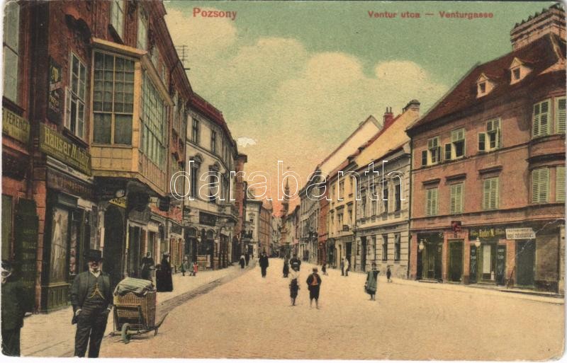 1911 Pozsony, Pressburg, Bratislava; Ventur utca, Bader M. Modes, festőműhely és vegyi ruhatisztítás, mázoló, üzlet a jó pásztorhoz, Hauser Mihály kárpitos és díszítő / Venturgasse / street, shops (EB)