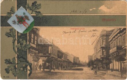 1901 Miskolc, Széchenyi utca, Fehér József és Lipót üzlete, Nagy szálloda. Szecessziós litho címeres montázs, Art Nouveau, Kardos József kiadása (Rb)