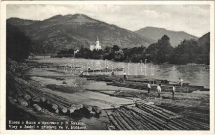 1939 Nagybocskó, Velikij Bicskiv, Velykyy Bychkiv (Máramaros); tutajosok faúsztatáskor / Vory z Jasini v pristavu ve V. Bockove / rafting with timber transport on the river