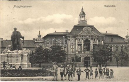 1912 Nagybecskerek, Zrenjanin, Veliki Beckerek; megyeház, Kiss Ernő aradi vértanú szobor (felrobbantották). Almásy és Szepessy kiadása / county hall, statue