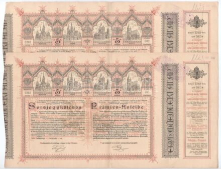 Budapest 1886. 'Egyházi Műemlék Alap' sorsjegykölcsön 5Ft-ról a lipótvárosi bazilika felépítésére és egyházi műemlékek fenntartására, bélyegzésekkel (2x2db sorszámkövető) T:III