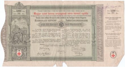Budapest 1882. 'Magyar szent korona országainak vörös-kereszt egylete' kisorsolási kötvénye 5Ft értékben bélyegzésekkel T:III szakadások
