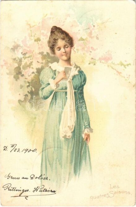 1900 Les quatres Saisons / Lady art postcard. litho (EK)