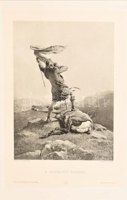 cca 1890-1900 Zichy Mihály (1827-1906): A megtalált szarvas. Heliogravűr, papír. Jelzett a heliogravűrön. Bécs, H. O. Miethke kiadása. Hártyapapírral védve. 27x18 cm