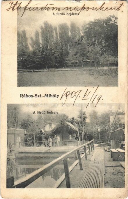 1907 Budapest XVI. Rákosszentmihály, fürdő bejárata és belseje (szakadások / tears)