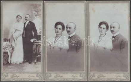 cca 1900 Fiatal pár 3 db műtermi portréja, közte két egyforma, Friedery Albert győri műterméből, 20,5×11 cm