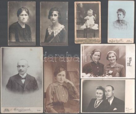 cca 1900-1940 Műtermi portrék, 8 db keményhátú fotó és fotólap, 10×6,5 és 16×10 cm