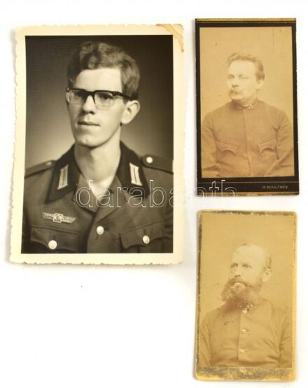 cca 1880-1960 3 db műtermi katonai portré: M. Schultheis, Tuzla, Bosznia, 1890 körül, 11x6 cm + J. Kunzfeld, Brünn (Brno), 1880 körül, 10x6 cm + NDK katona, jelzés nélkül, tetején apró szakadással, 14,5x10 cm