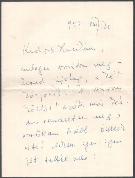 Győry Dezső (Wallentinyi) (1900-1974) háromszoros József Attila-díjas költő, író, újságíró. autográf levele Vass László (1905-1950) újságíró, kritikusnak irodalmi és magánéleti kérdésekről, megemlítva Móricz Zsigmondot