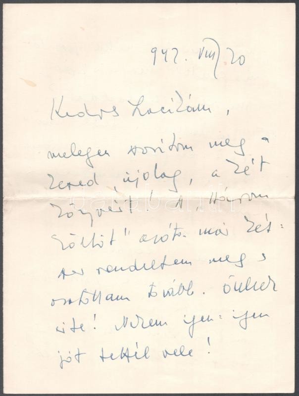 Győry Dezső (Wallentinyi) (1900-1974) háromszoros József Attila-díjas költő, író, újságíró. autográf levele Vass László (1905-1950) újságíró, kritikusnak irodalmi és magánéleti kérdésekről, megemlítva Móricz Zsigmondot