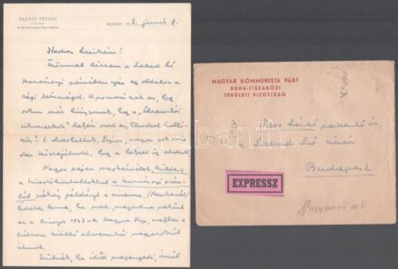 Vadász Ferenc (1916-2009) író, újságíró..autográf, személyes hangú levele Vass László (1905-1950) újságíró, kritikusnak irodalmi és magánéleti ügyekben mint az MKP titkára