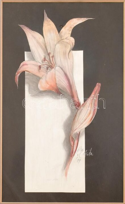 Orosz Anita '99 jelzéssel: Liliom. Akvarell, ceruza, papír. Üvegezett fa keretben, 39x24 cm