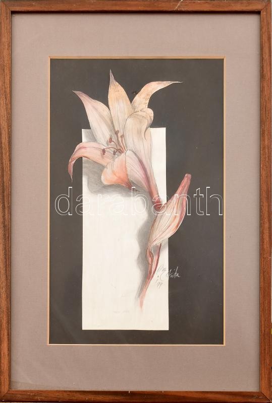 Orosz Anita '99 jelzéssel: Liliom. Akvarell, ceruza, papír. Üvegezett fa keretben, 39x24 cm - Image 2