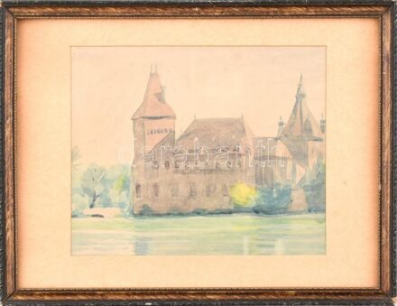 Jelzés nélkül: Városliget, Vajdahunyad. Akvarell, karton, kissé sérült fa keretben. 20,5×25 cm