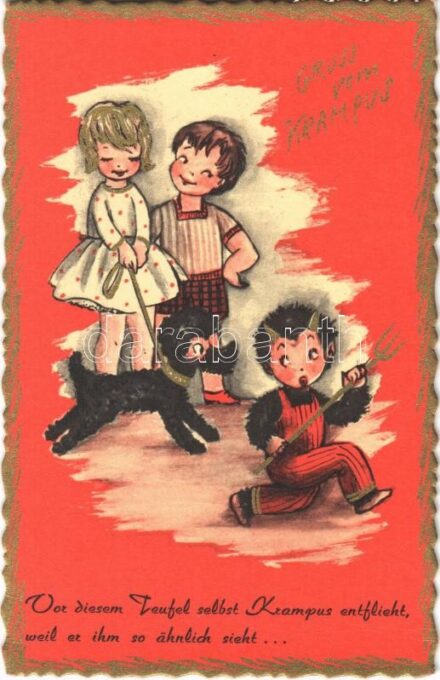 1970 Gruss vom Krampus / Krampus with children - modern postcard