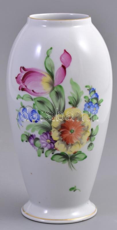 Herendi virágmintás porcelán váza, kézzel festett, jelzett, kis kopásnyomokkal, m: 17,5 cm