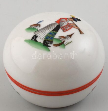 Herendi népi mintás porcelán dobozka, kézzel festett, jelzett, d: 7,5 cm