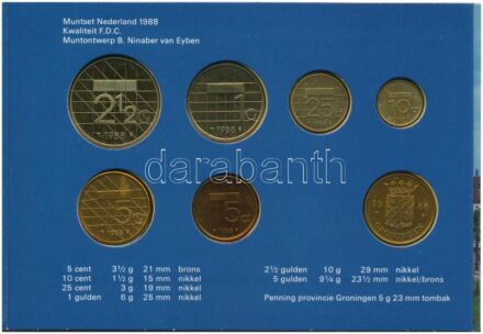 Hollandia 1988. 5c-5 (6xklf) forgalmi sor karton tokban, pénzverdei zsetonnal T:1 Netherlands 1988. 5 Cent - Gulden Gulden (6xdiff) coin set in cardboard case and Coin Mint jeton C:UNC