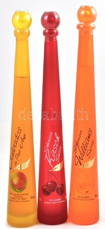 Calvados du Pays d'Auge, Schweizer Kirsch Suisse, Schweizer Williams Suisse, abv: 40%, bontatlan palack, 10 cl.x3