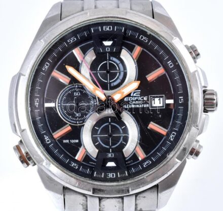 Casio Edifice Illuminator férfi quartz karóra, No. 5380, másodperc mutatóval, stopperóra mutatókkal (perc, másodperc, 1/10 másodperc), naptár -, és világító funkcióval, és leírással, garanciakártyával, és egyéb papírokkal,