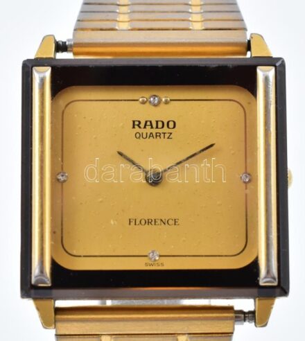 Rado Florence quartz karóra, zafír üveggel, karcálló zafírkristály óra üveggel, sárga számlappal, a számlapon kövekkel, fém szíjjal, működik, h: 22 cm, óratest: 3,5x3 cm