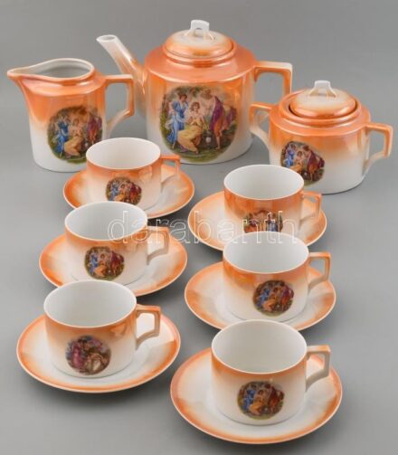 Zsolnay mitológiai jelenettel díszített, irizáló porcelán teáskészlet, 6 személyes, kanna, kiöntő, cukortartó, 6 db csésze aljjal. Matricás, jelzett, kis kopásnyomokkal, néhány kisebb mázrepedéssel.