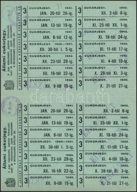 1940 Békés, állami cukorjegy, hátoldalán hivatalos levél békési lakos ingatlanszerzésének tárgyában