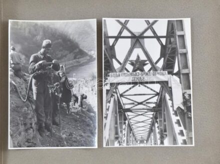 1947 Jugoszláviai építkezések és fejlesztések a kommunizmus időszakából, 25 db albumba ragasztott, feliratozott fotó, albumon 'Veres Péter Belgrád' fém plakettel, 12×17 cm