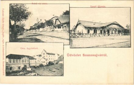 Szamosújvár, Gherla; Felső víz utca, vasútállomás, Orsz. fegyintézet. Todorán Endre kiadása / street, railway station, prison