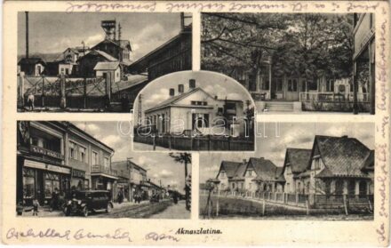 1940 Aknaszlatina, Akna Slatina, Slatinské Doly, Szolotvino, Solotvyno; bánya, Samu Knoll és Stern üzlete / mine, shops, automobile + kétnyelvű bélyegzés / bilingual cancellation (EK)