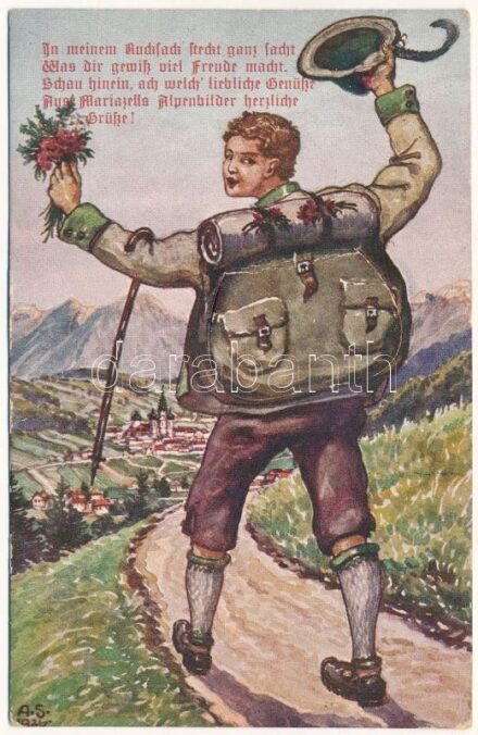 Mariazell. Leporellocard with hiking boy